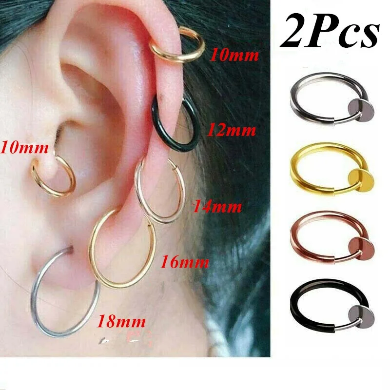 1Pair Fake Nose Ring Retractable Earrings Hoop Faux Lip Earrings Cartilage Septum Clip on Ear Lobe Helix Anti Conch Non Piercing