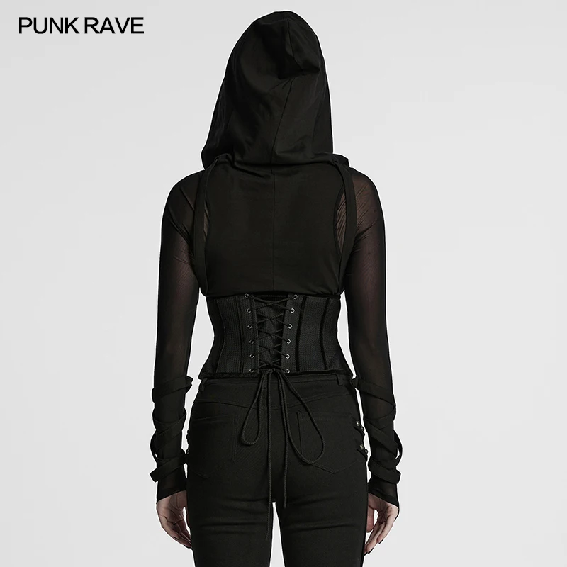 PUNK RAVE Damen-Cyberpunk-Korsett aus atmungsaktivem Mesh, symmetrischer spitzer Saum, Nieten, geheimnisvoll, verstellbares Kordelzug-Zubehör
