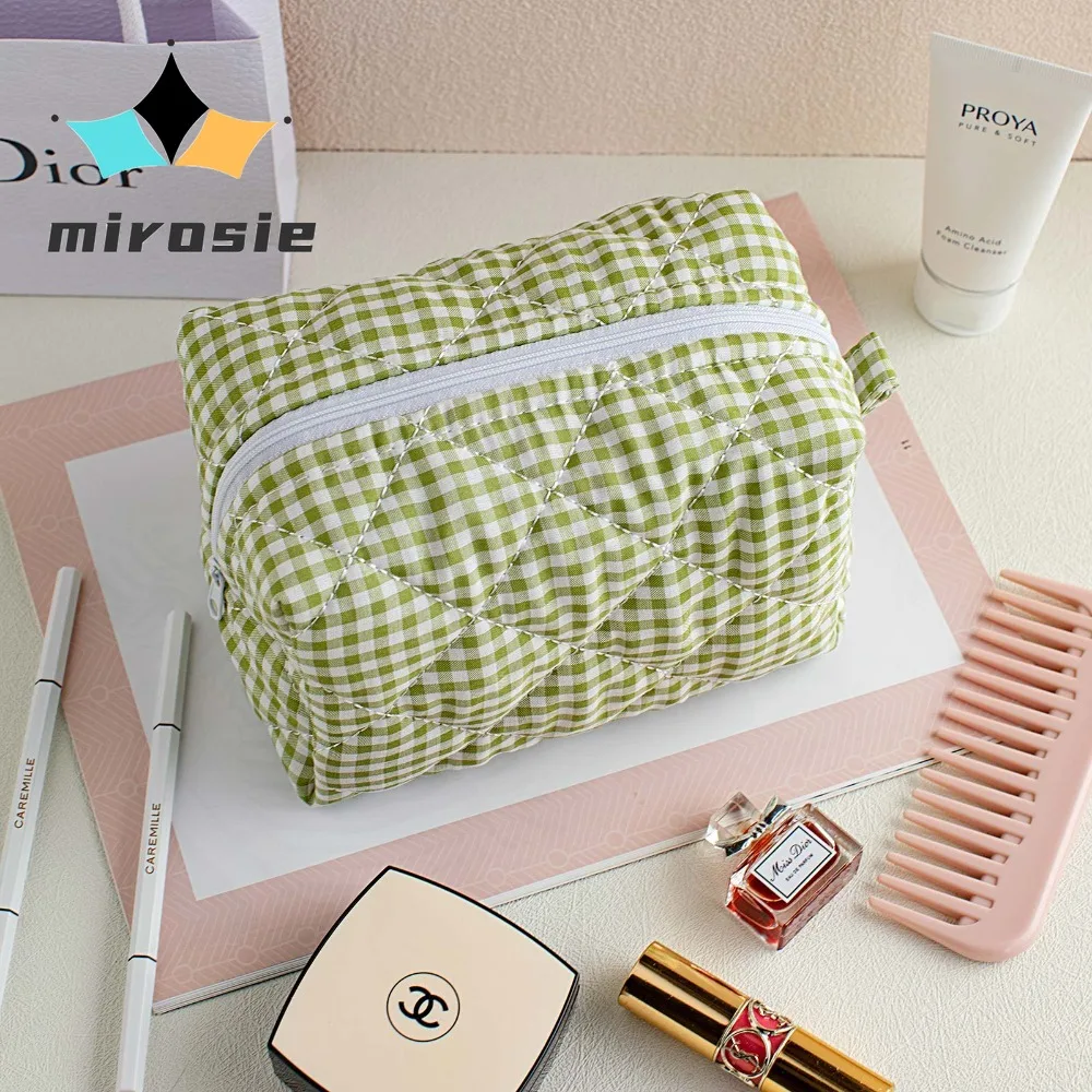 MIROSIE Fashion Checkered Floral Makeup Bag Large Capacity Portable Cosmetic Storage Bag Cotton Quilted Wash Bag Skincare Pouch