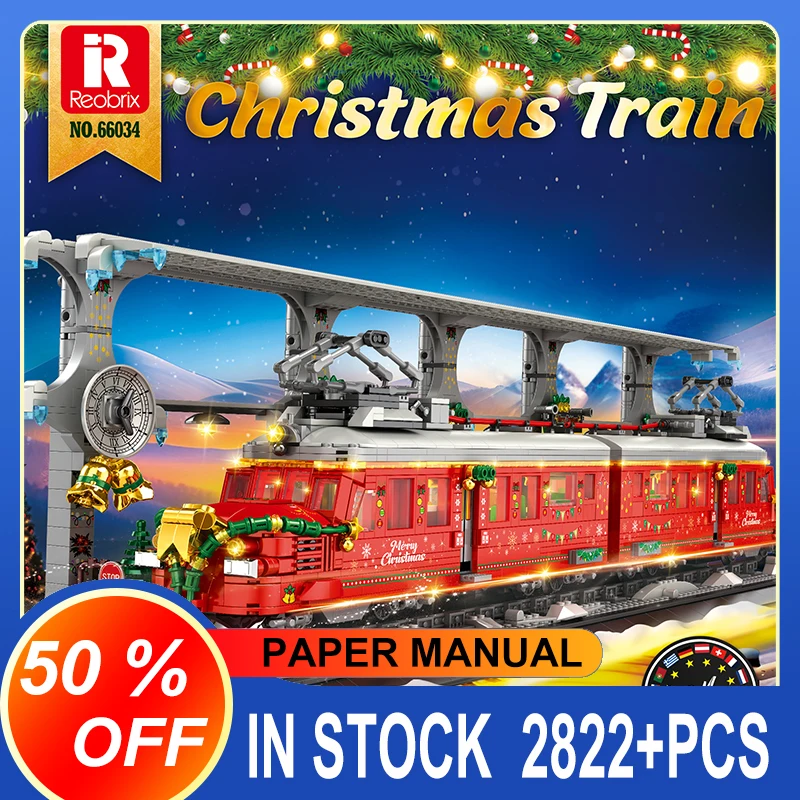 Reobrix MOC 66034 Christmas Train Station Decoration LED Light  Building Blocks Bricks  Moulds Christmas Gift Toys For Kids