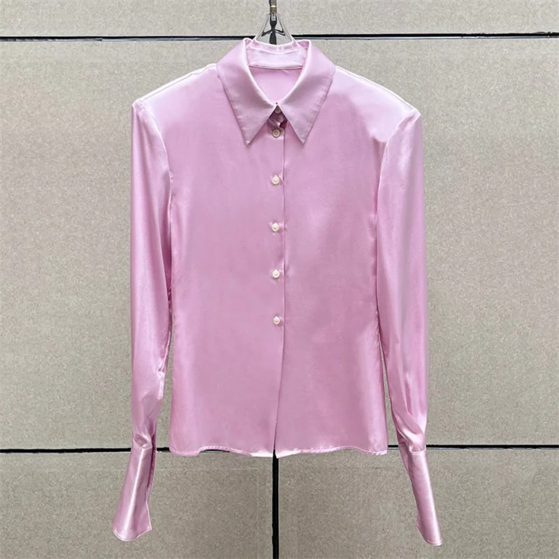 women's shirt New autumn 2026 single breasted slim fit women's long sleeved top Silk blend lapel women's blouse tops for women