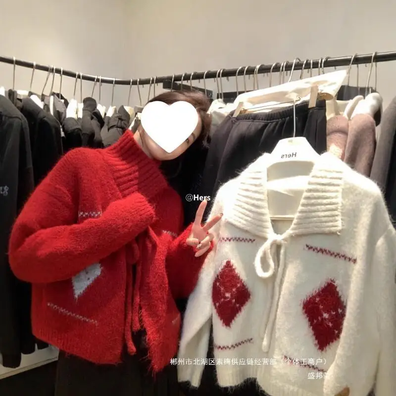 

Shawl Collar Sweater Coat Women Autumn Winter Christmas New Year Atmosphere Red Knitted Korean Retro Cute Kawaii Cardigan
