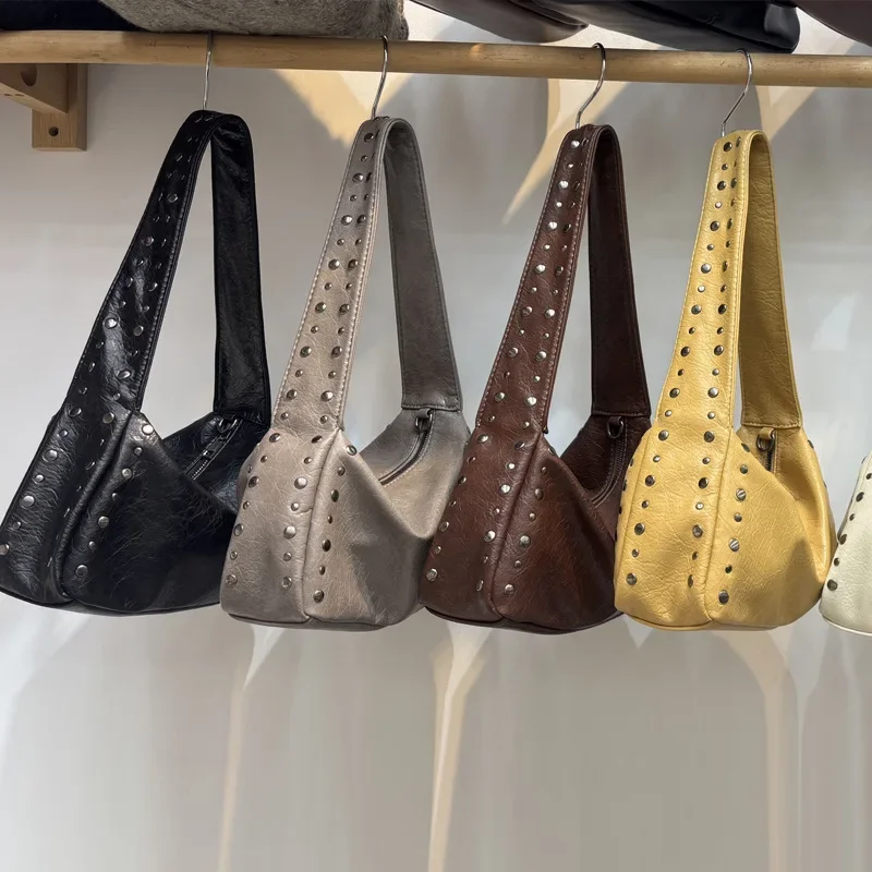 

Punk Style Rivet Design Soft Leather Underarm Bags Women Solid Color Casual Shoulder Bag Large Capacity Lady Handbags bolsas