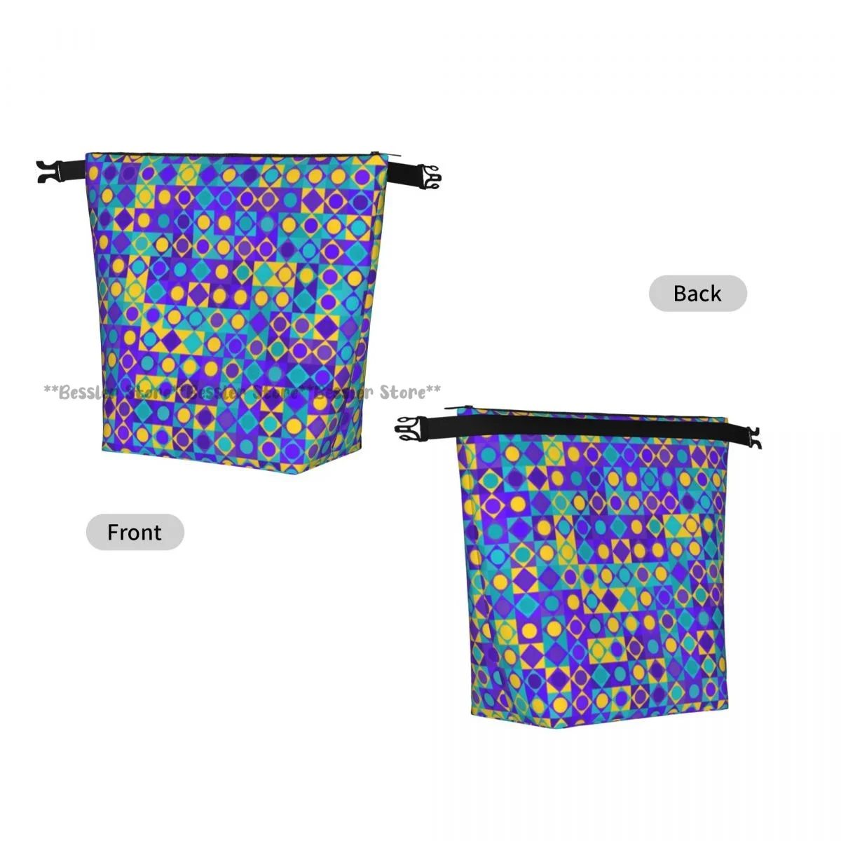Roll Top Thermal Lunch Bag Circles Squares And Triangles Mosaic With Dots Insulated Bento Bag Reusable Food Storage Handbag