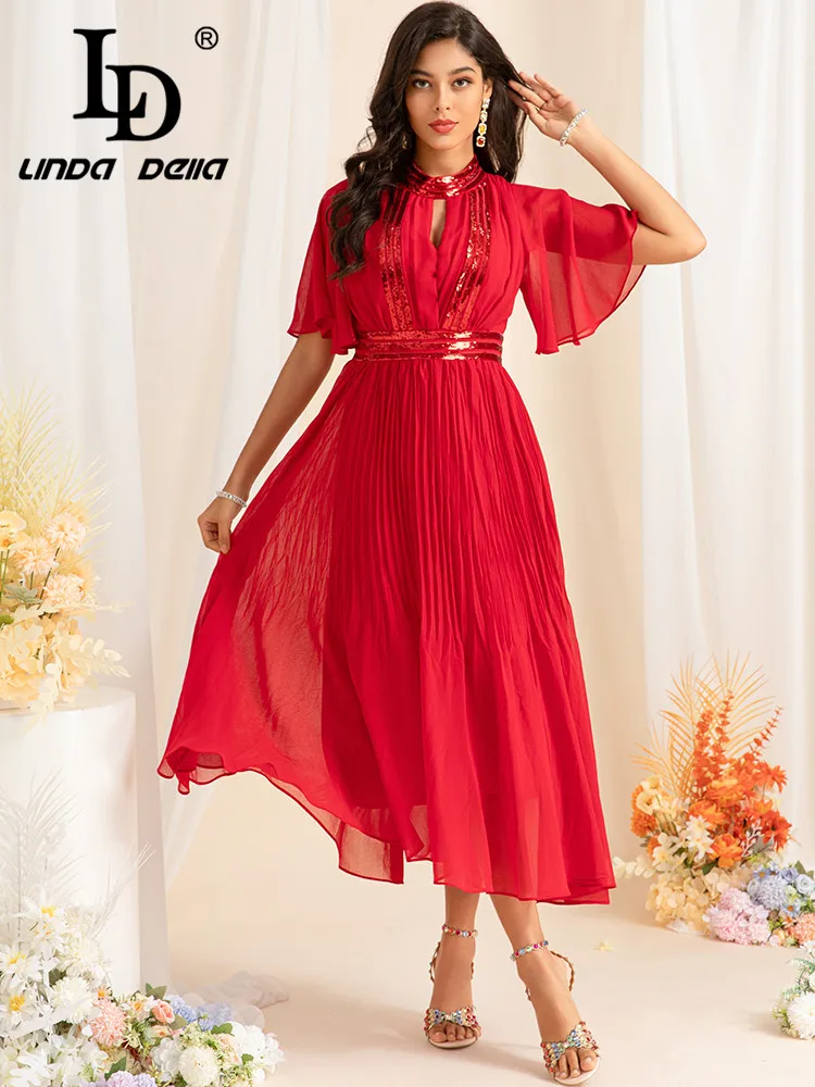 LD LINDA DELLA Big Swing 2024 Summer New European Goddess Fan Nail Beaded Beach Romantic Stand Collar Waist Long Dress