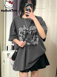 Kawaii Sanrio Hello Kitty T-shirt Women Summer Loose Aesthetic Tops Y2k Cartoon Graphic Print Tees Cute Anime Clothes Female