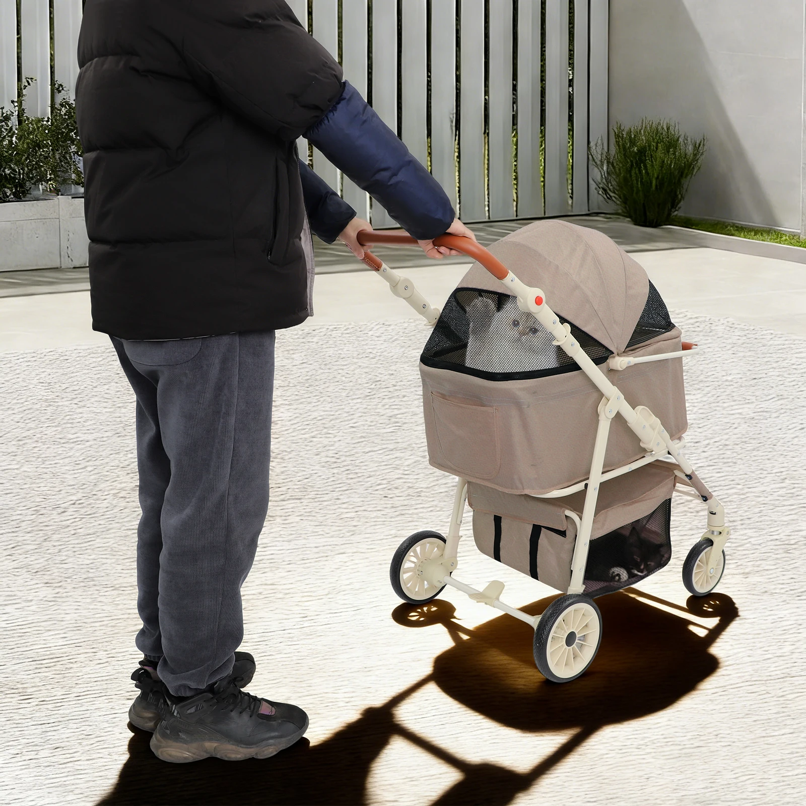 

NEW Coffee Color Pet Stroller with Removable Carrier, Foldable Pet Carrier, Double-tier Pet Cart for Small/Medium Dogs Cats