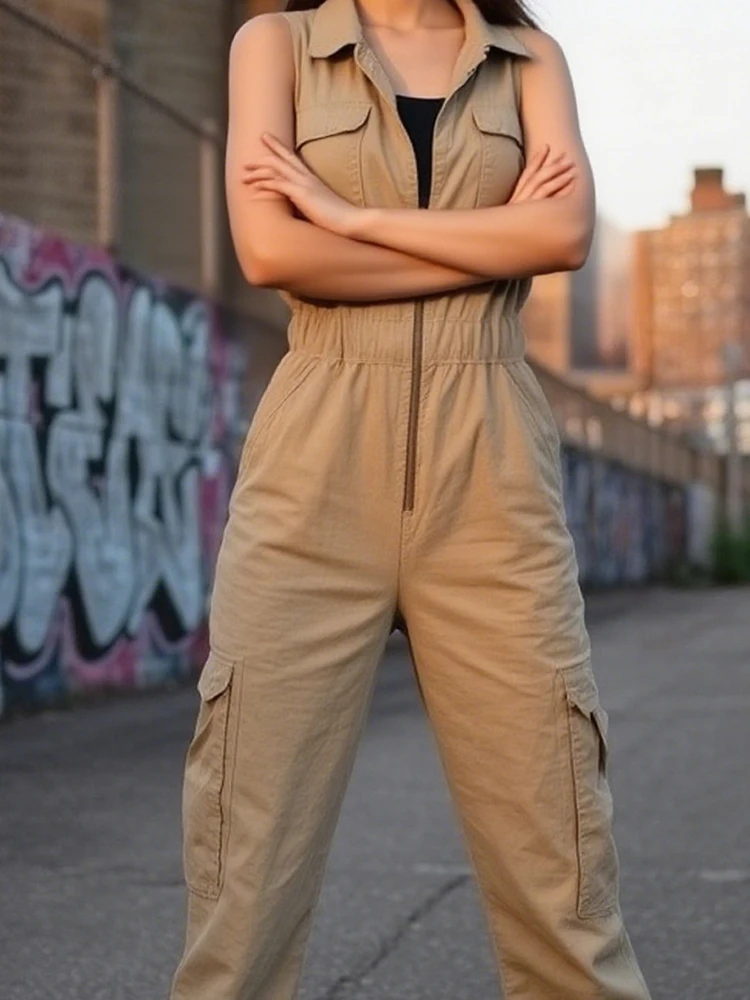 Kombinezon damski bez rękawów z klapami, elegancki, jednolity kolor, zapinany na zamek, idealny do pracy, letni, nowy, z wysokim stanem, z kieszeniami, kombinezon damski, ogrodniczki.