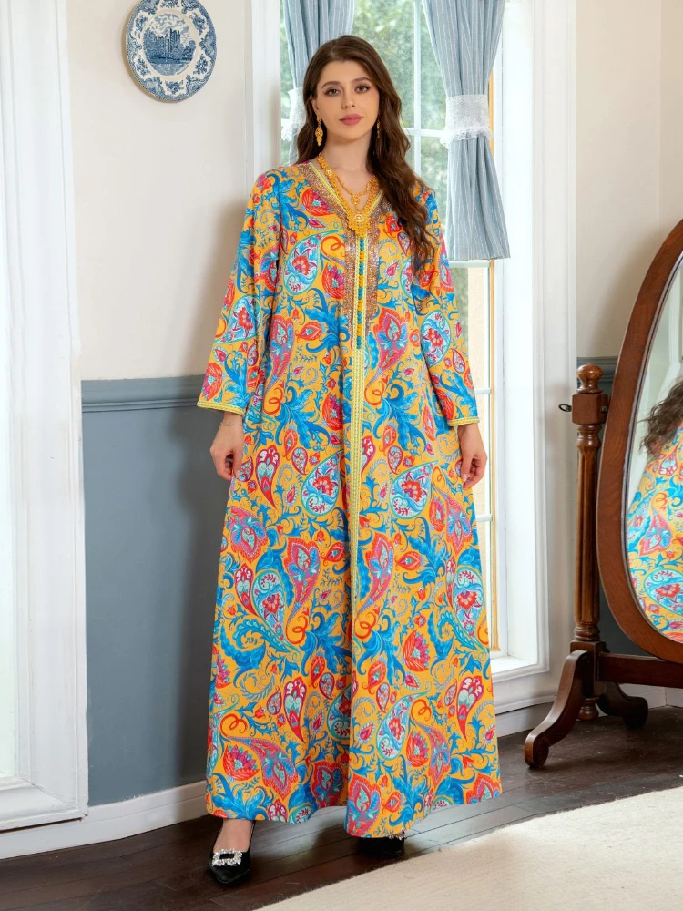 Eid Muslim Diamond Abaya Floral Print Party Dress Women Lapel Ramadan Dubai Turkey Islam Robe Caftan Morocco Maxi Vestido 2023