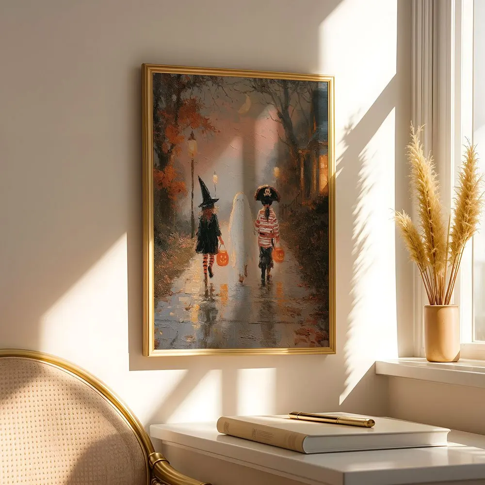 Vintage Trick Or Treat Kids Canvas Print, Witch Pirate Ghost Children Autumn Halloween Oil Painting Poster, Unframed Canvas Wall