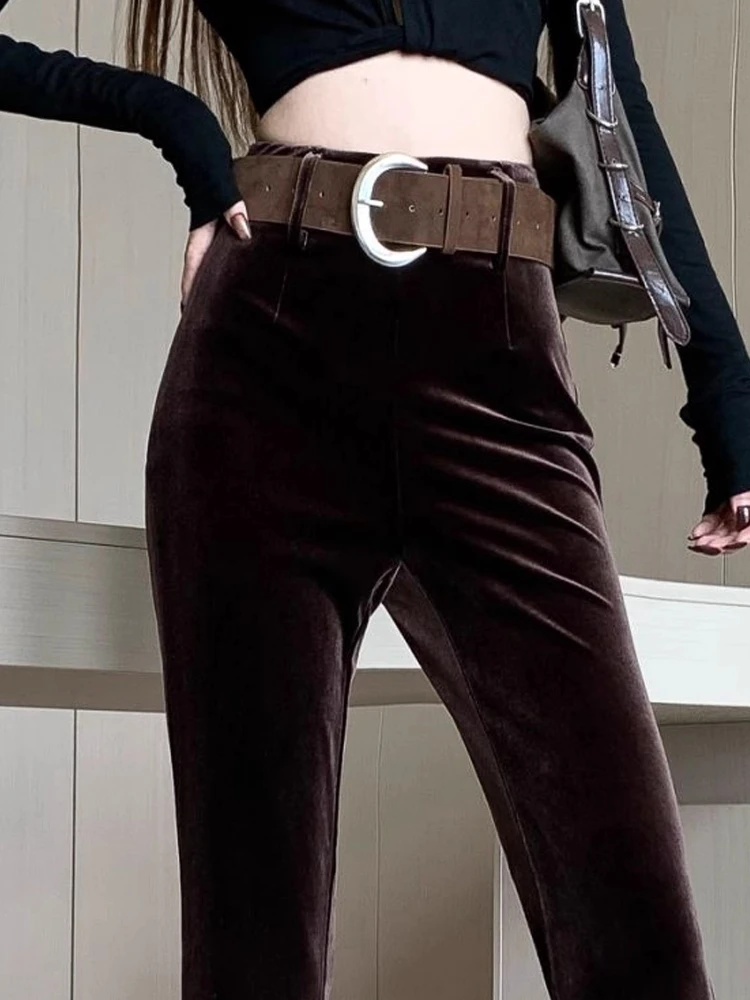 

Винтажные кофейно-коричневые бархатные микро-брюки женские осенне-зимние дизайнерские повседневные брюки с высокой талией шикарные расклешенные брюки с драпировкой Y2k 2025Новинка