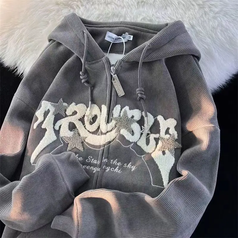 Corduroy Y2k Zip Up Hoodie Women Retro Embroidered Letter Loose Long Sleeve Tops 2023 Casual Hooded Sweatshirts Harajuku Jackets