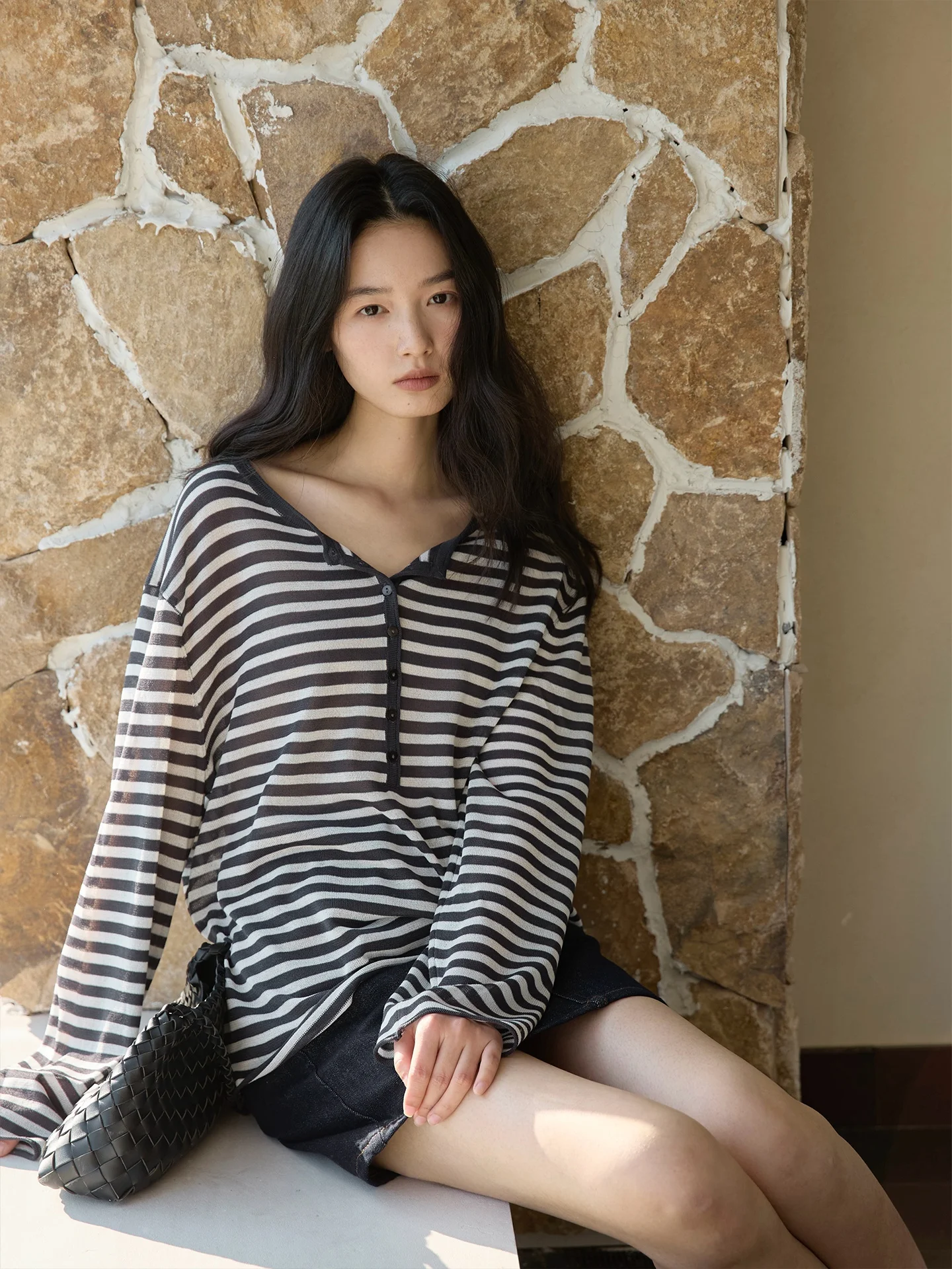 

Ginnkee Casual Henry Collar Long Sve Knitted T-irt Women Spring Sun Protection Cover up Top Soft Breathable Lightweight
