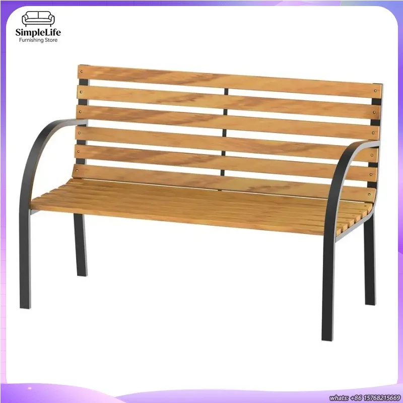 木製ガーデンベンチ-2人掛け-屋外パティオポーチチェア-丈夫なスチールフレーム付き-裏庭公園の芝生装飾用