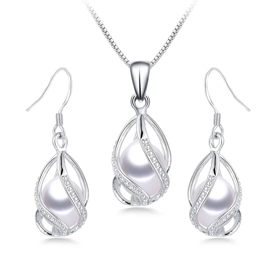 

YWYC 8-9mm Natural Freshwater Pearl In Cage Pendant Necklace Drop Earrings & Pendant Jewelry Set for Women