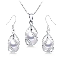 YWYC 8-9mm Natural Freshwater Pearl In Cage Pendant Necklace Drop Earrings & Pendant Jewelry Set for Women