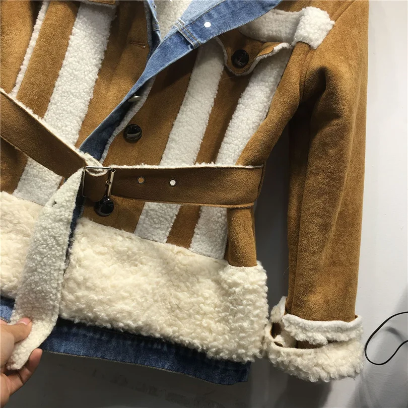 2023 Faux female fur coat new winter imitation lambswool flocking thick jacket fashion chic patchwork denim outwear streetwear