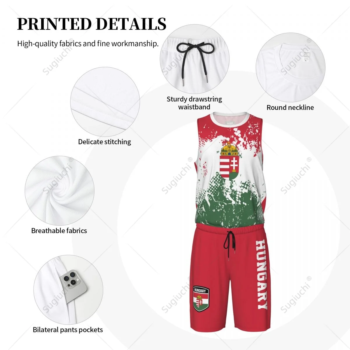 Team-up Hungary Flag Grain Men Basketball Jersey Set Shirt & Pants Sleeveless Custom Name Nunber Exclusive