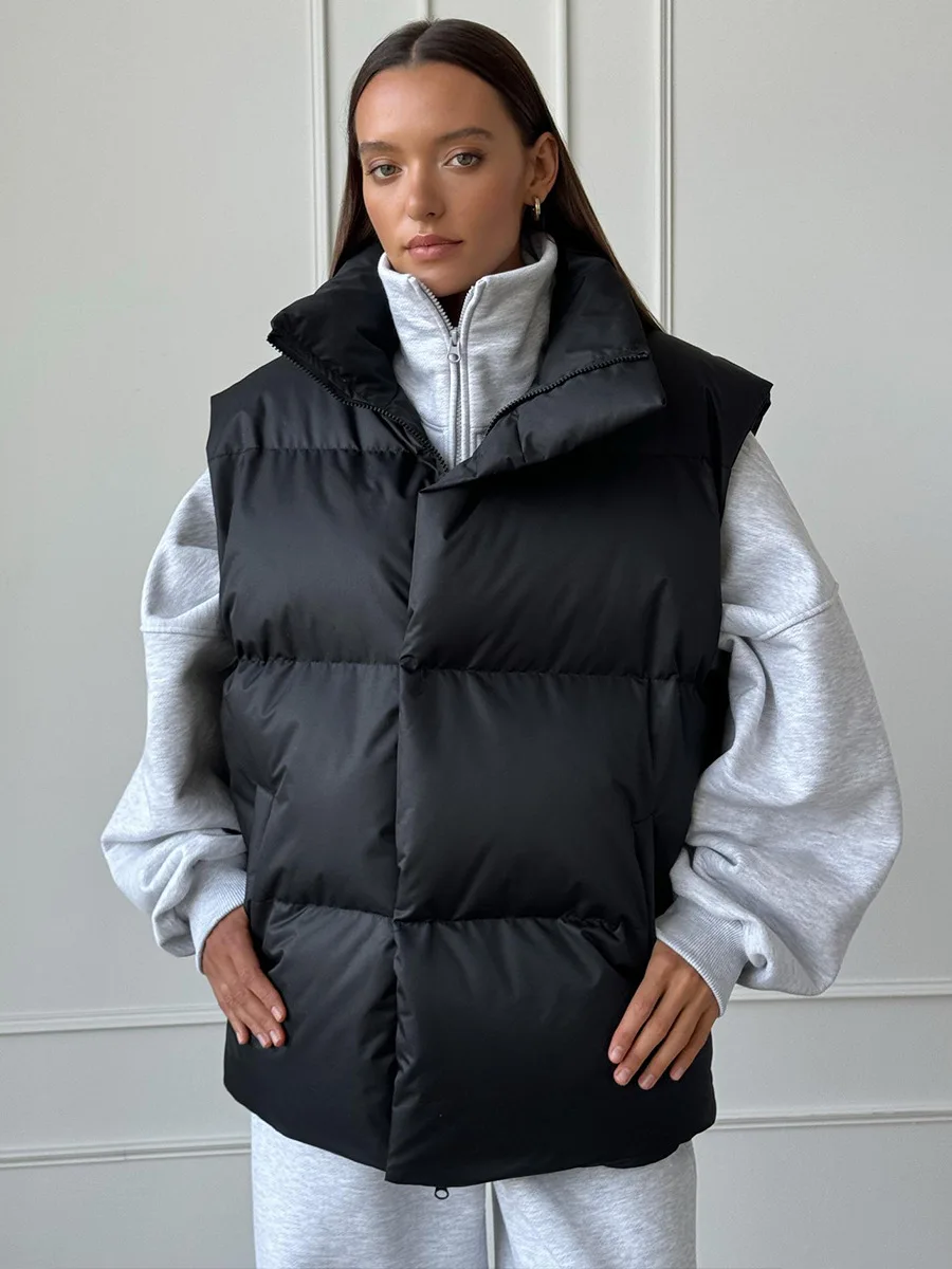 Parka sans manches à col montant pour femme, couleur unie, fermeture éclair, décontractée, tendance, nouvelle mode américaine et européenne, hiver automne