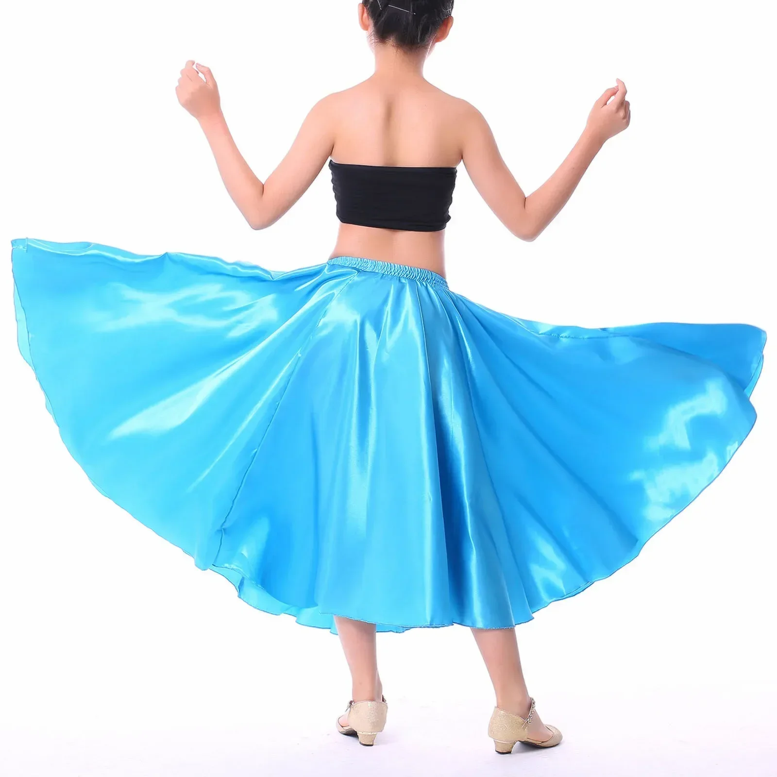 Kids Gypsy Girls Spanish Flamengo Skirt Satin Silk Shiny Big Swing Belly Dance Skirt Dress Flamenco Performance Dance Costume