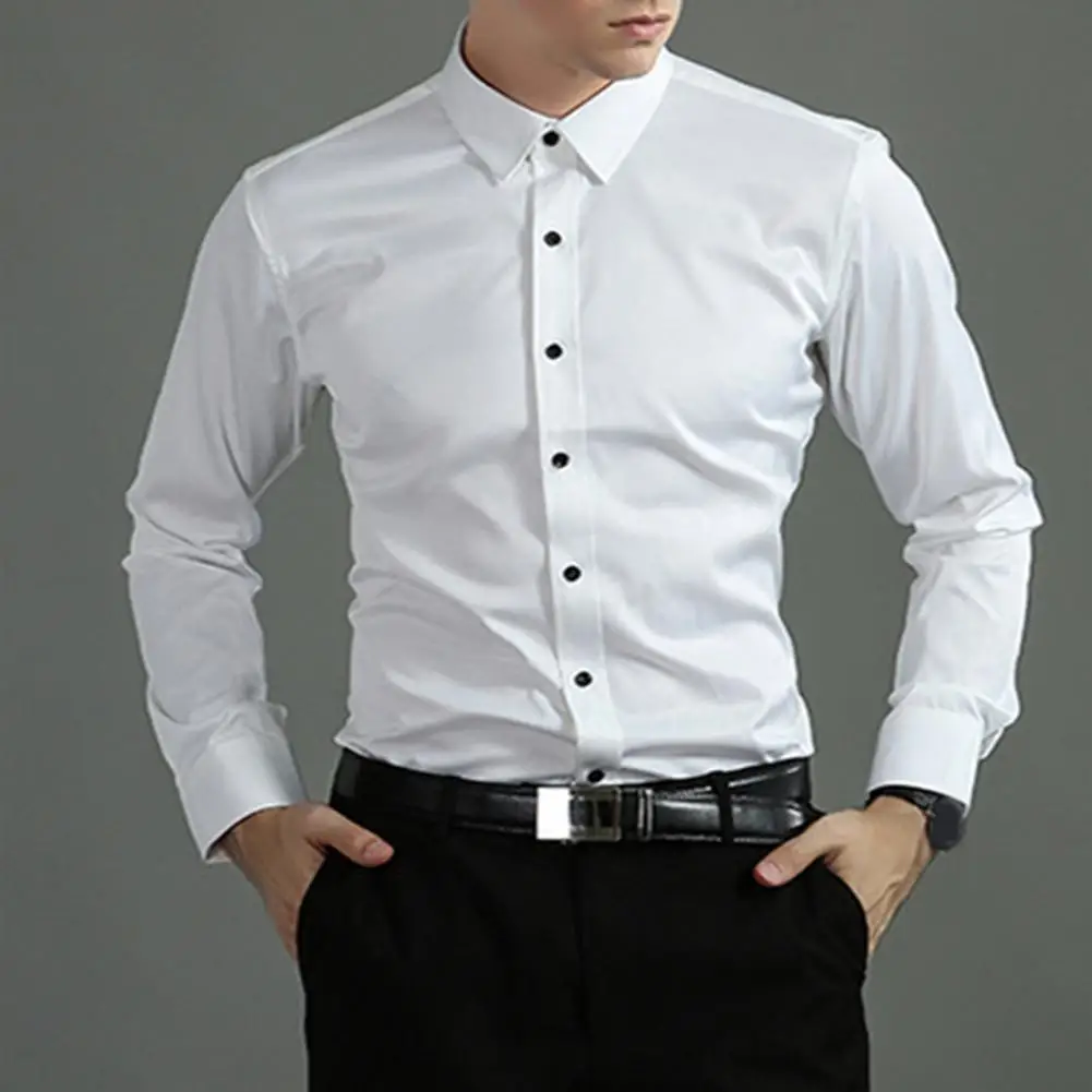 

Men Solid Color Lapel Collar Shirt Men Commuting Shirt Stretchy Slim Fit Men's Business Shirt with Turn-down Collar for Formal