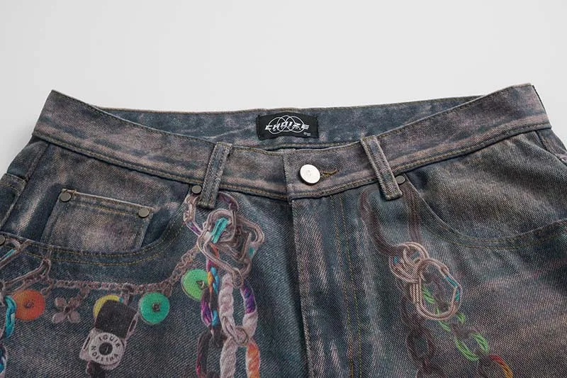 Men's High Street 3D Printed Jeans Pants Fashion Streetwear Loose Fit Vibe Style Denim Trousers Painted Wide Leg Jeans