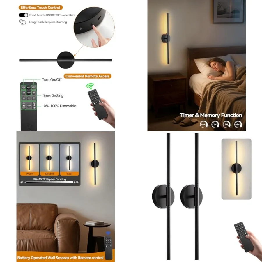 

Battery Operated Wall Sconces Set of 2, Rechargeable LED Wall Lights with Remote and Touch Control, 350° Rotatable, 30 Inch Bla