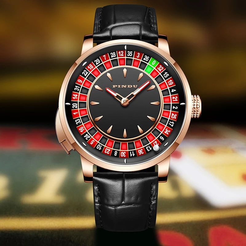 PINDU Players Gambling Series Men\'s Mechanical Watch European Roulette Poker Game Dial Automatic Movement Design Party Watch