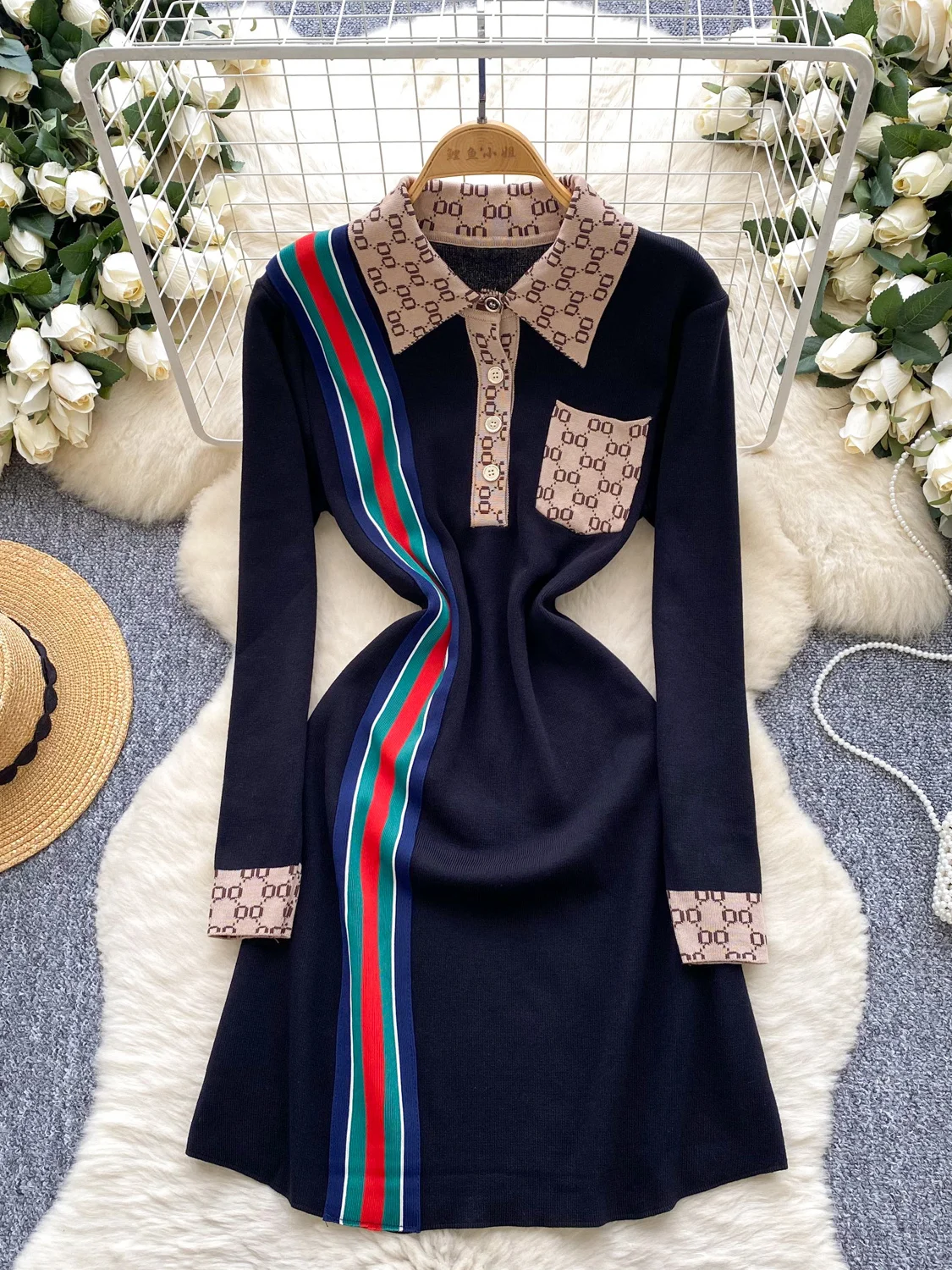 Dzianinowy kołnierzyk, długi sweter damski, wysoki stan, dopasowany krój w kształcie litery A, modny, kolorowy, idealny do pracy.