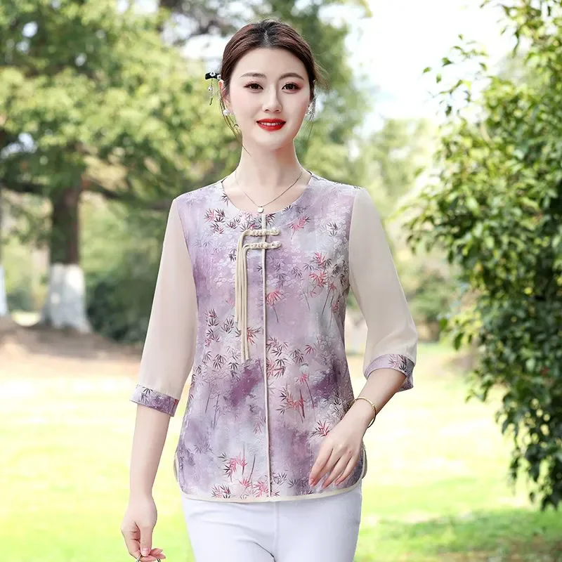 

2025 New Summer Chinese Style Tops Women's Fashion Printed Round Neck Chic Loose Sleeve National Style T-Shirts Shirt