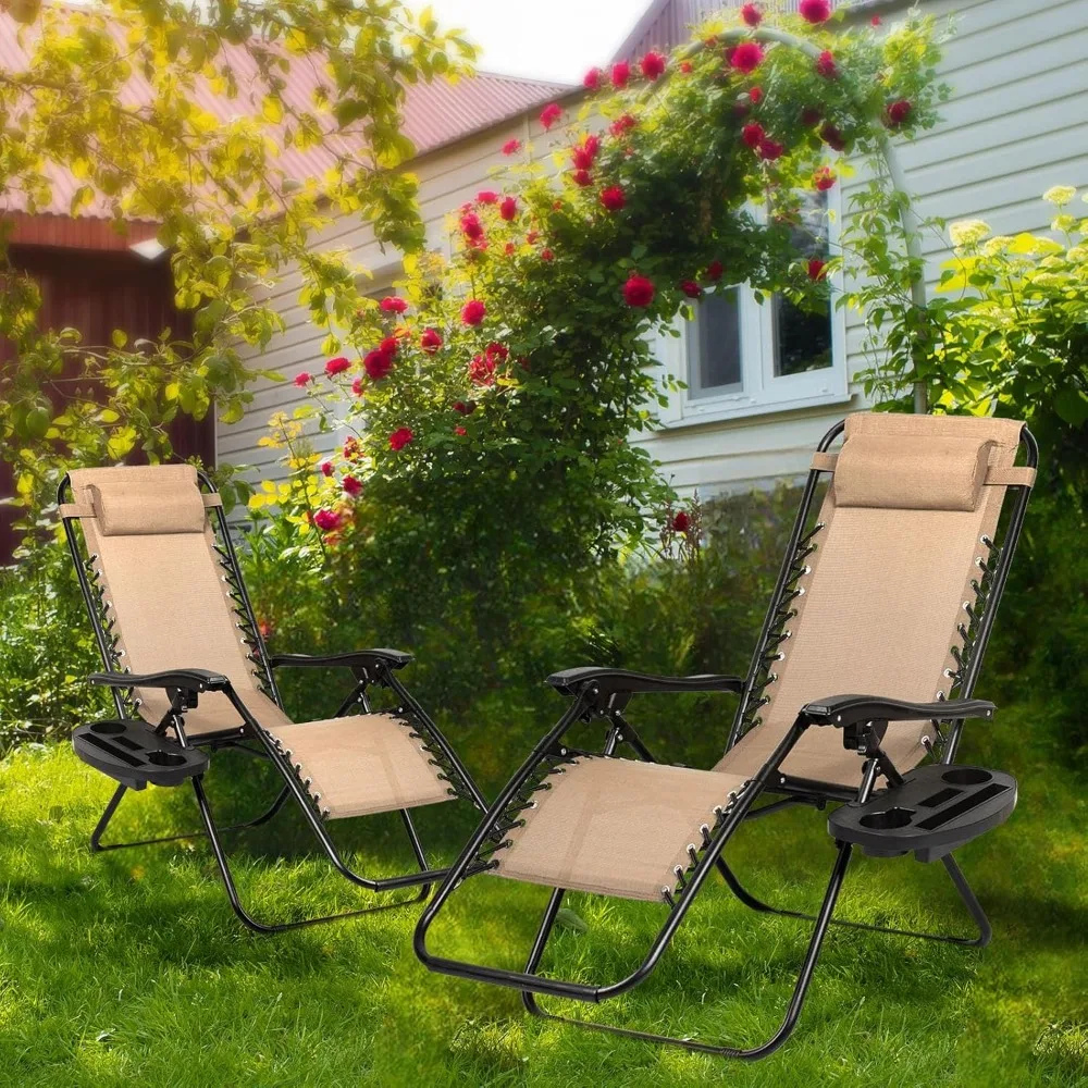 Set of 2 Relaxing Recliners Patio Chairs Adjustable Steel Mesh Zero Gravity Lounge Chair Beach Chairs with Pillow and Cup Holde