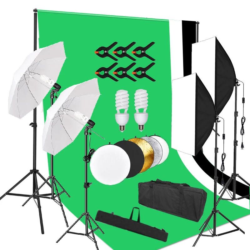 Photography Video Studio Lighting Kit 6.6x 10 ft Background Support photo Backdrop Umbrellas Softbox with 5 in 1 Reflector