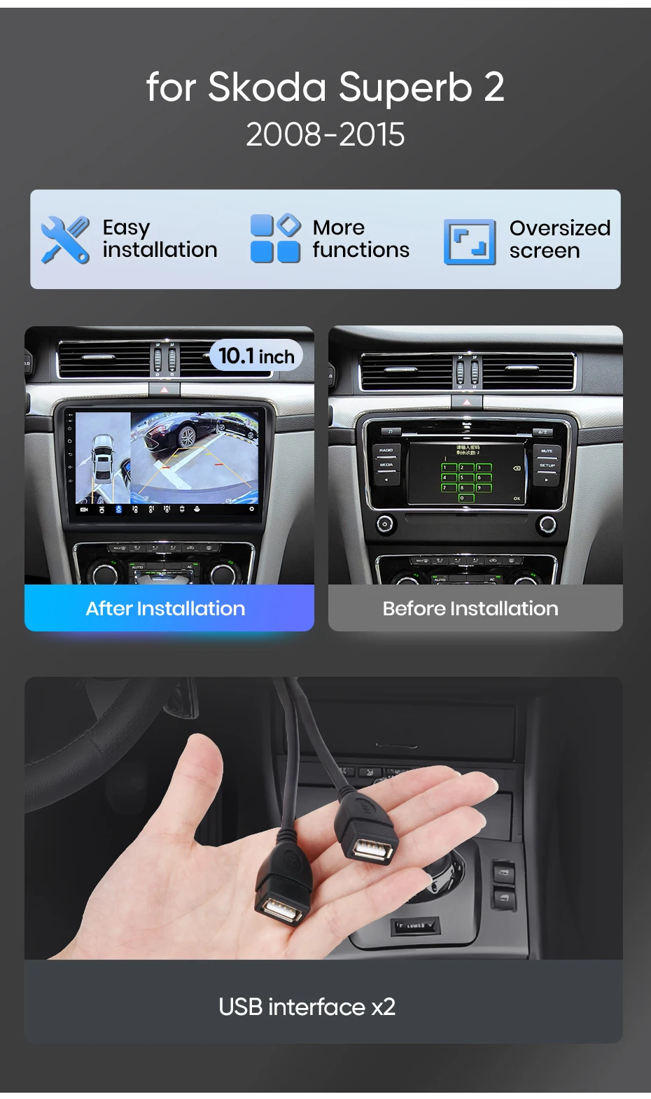 Junsun Autoradio für Skoda Superb 2 2008-2015 mit CarPlay, Android Auto, FM, RDS, DSP, BT, GPS-Navigation, Lenkradfernbedienung, HD IPS Touchscreen, Plug & Play Multimedia-Player, Freisprechfunktion, Original-Autostil-Haupteinheit – Detail 2