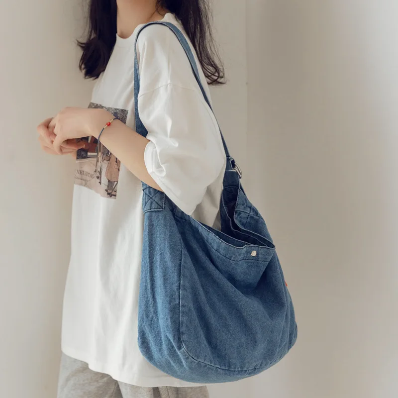 Simple wear-resistant denim bag women shoulder bag large capacity pleated diagonal span hand tote bag