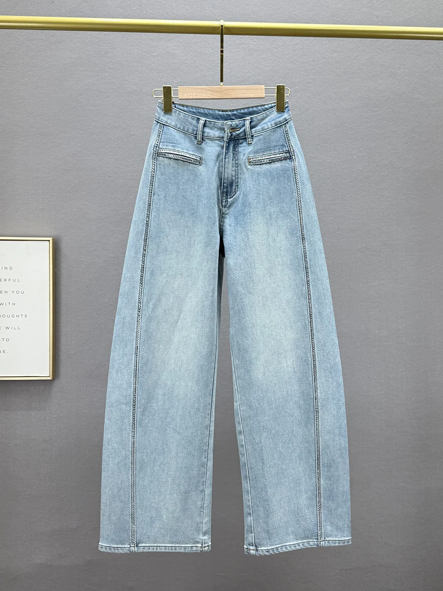 

Ретро джинсы с высокой талией и широкими штанинами для женщин, модная весенняя одежда, свободные, стройнящие, европейские товары, с эффектом «утяжки», с алмазной отделкой, длинные, P...