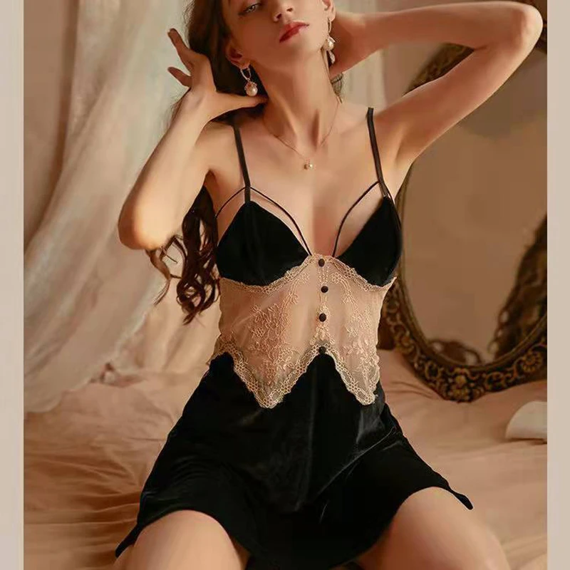 

Women Pajamas Sexy Lace Hollow Womens See Through Pajamas Velvet Sexy Pajamas Dress Suspenders Seduction Nightgown Sexy Dress