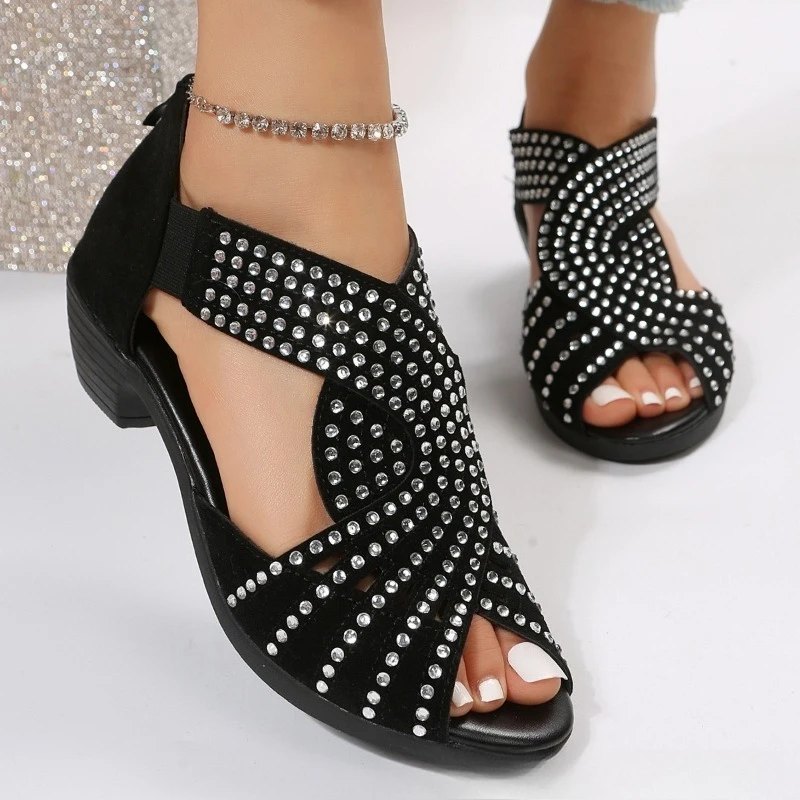 Modische Vielseitige Damenschuhe Sommer Neue Peeptoe-Absatzsandalen Weiche Sohle Rutschfeste Damen-Strass-Sandalen Босоножки Женские – Detail 7