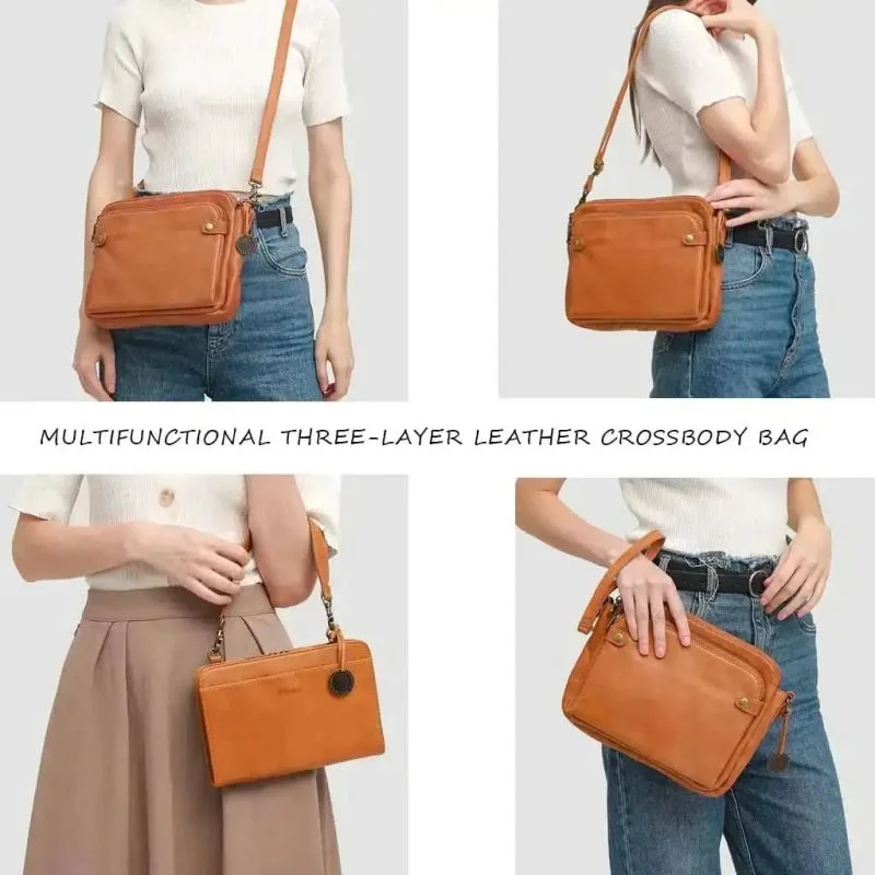 Three-Layer Leather Crossbody Shoulder and Clutch Bag Portable Triple PU Leather Slanting Shoulder Women's Zipper Crossbody Bags