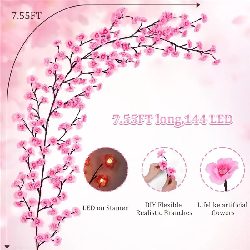 ABRU-Cherry Blossom Lights, 7.55 FT 144 LED DIY Enchanted Willow Vine Lights With Remote Timer,For Bedroom Home