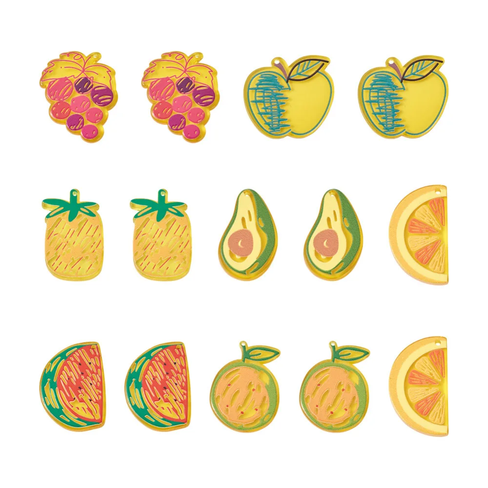 

28Pcs 3D Printed Translucent Acrylic Fruit Pendants Apple Orange Pineapple Grape Charms for DIY Jewelry Making Decor Accessories