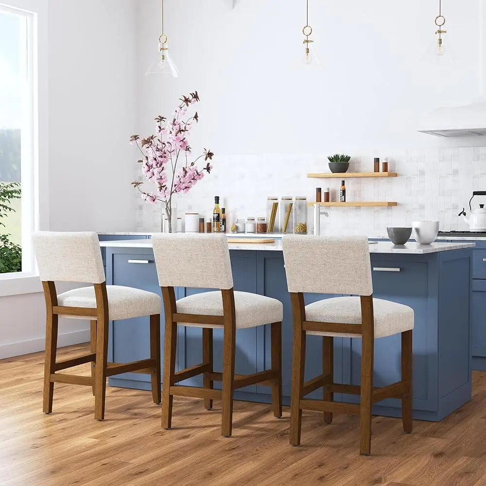 Open Back Counter Stool Dining Room Kitchen Chair Fabric Upholstered Stool Comfortable Seating Durable Wood Frame Easy