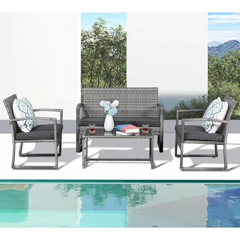 

Outdoor Sofa Sets, Patio Rattan Chair Set, Modern Bistro Set with Coffee Table,4 PiecesOutdoors Garden Sofas Sets