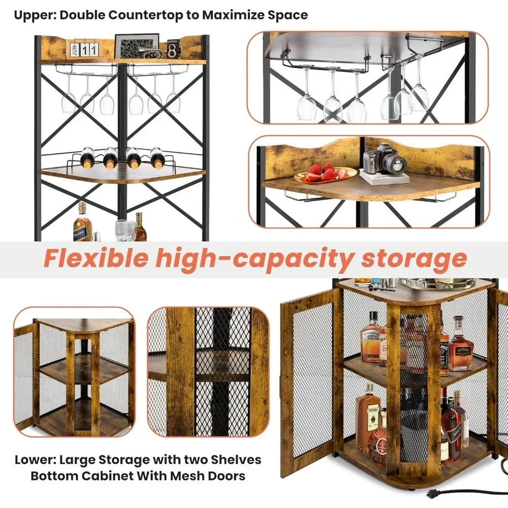 Corner Bar Cabinet with Outlets,Wine Cabinet with Glass & Wine Holder,5-Tiers Liquor Cabinet Bar,Tall Bar Cabinets