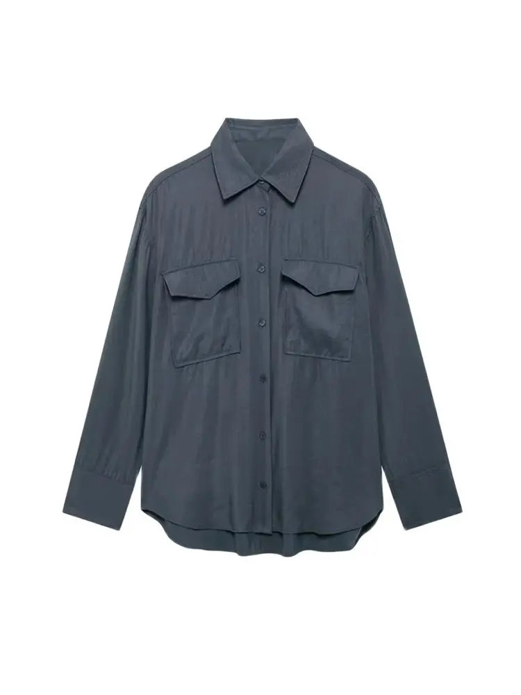 Flowing Shirts with Pockets for Women, Long Sleeve, Button-up, Female Blouses, Chic Tops, Fashion