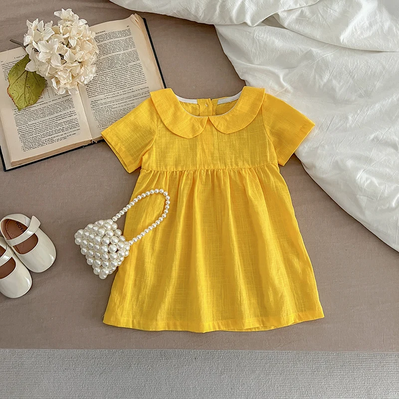 Baby Girl Clothing Summer Toddler Girl Dress Casual Short Sleeved Cotton and Linen Material Versatile Solid Color Princess Dress