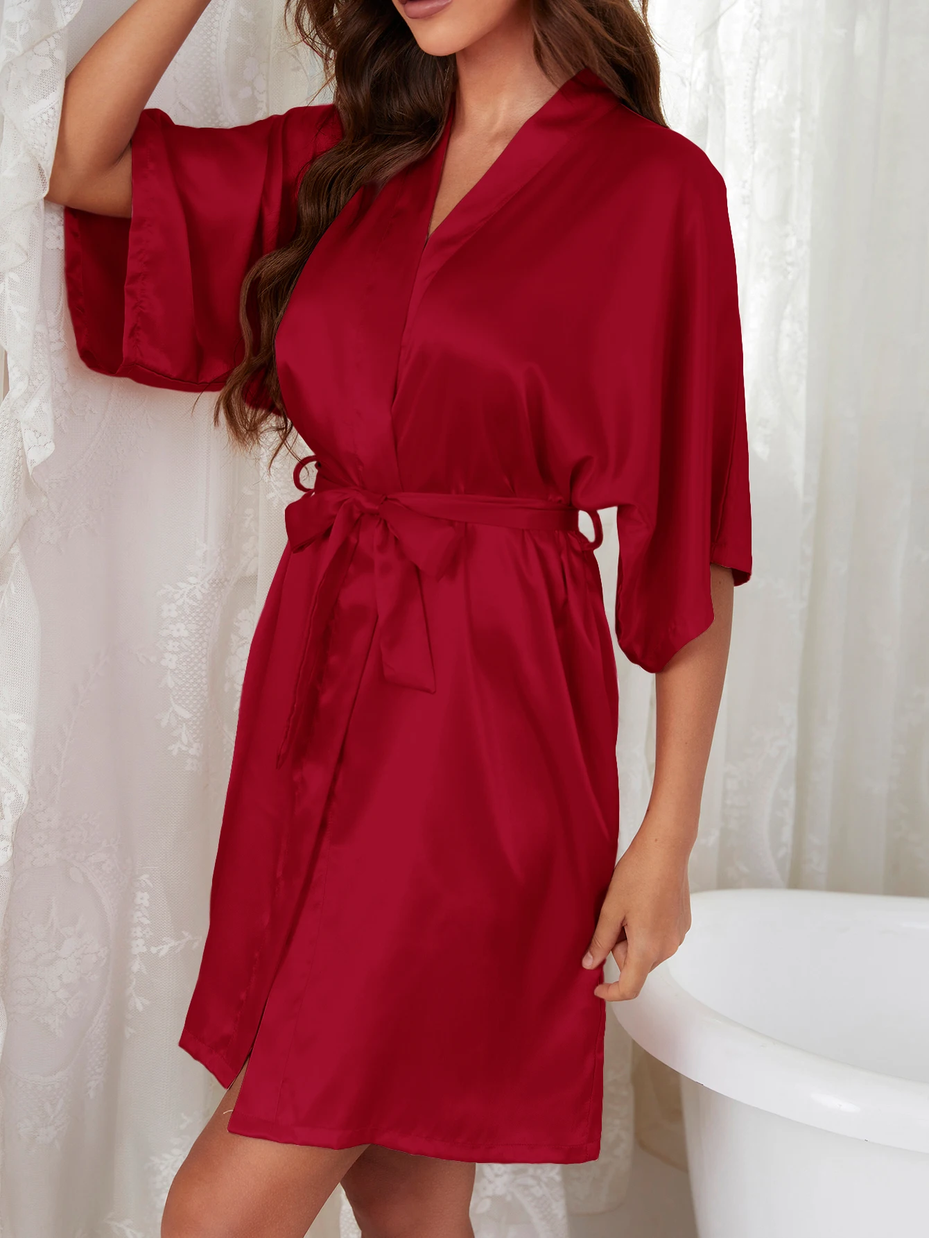 Solid Satin Night Robe, Elegant Half Sleeve V Neck House Robe With Belt, Women\'s Sleepwear