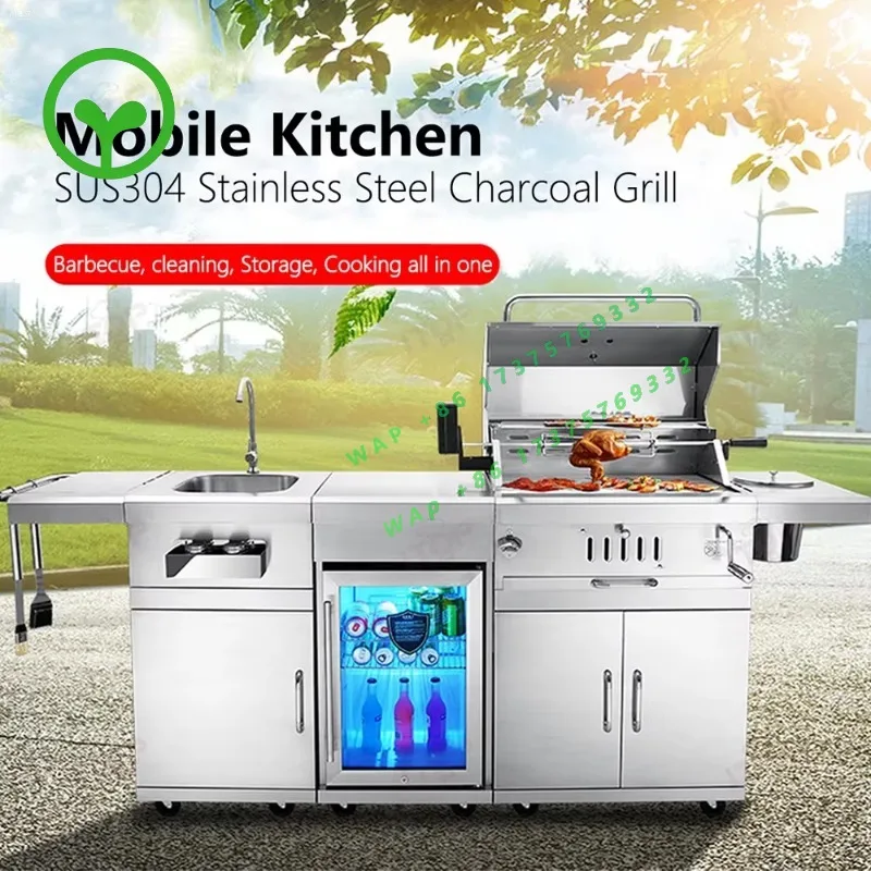 【2026】Outdoor Charcoal Bbq Grill With Chiller And Sink Stainless Steel 304 Barbecue Grill Bbq Stove Outdoor Stainless St