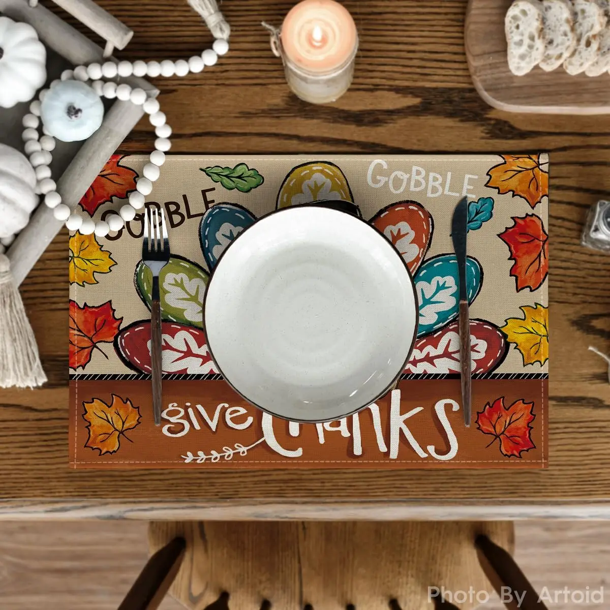 Give Thanks Thanksgiving Placemats Set Of 4, 12x18 Inch Seasonal Table Mats For Party Kitchen Dining Decoration