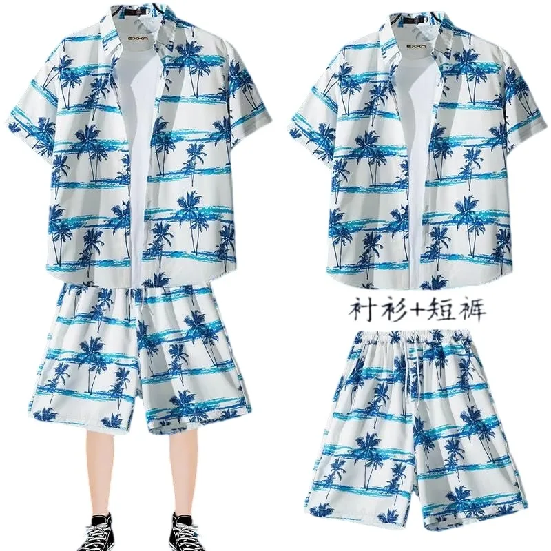 

Blue Coconut Tree Graphic Shirts and Short for Men 2 Piece Sets Quick Dry Sports Hawaiian Male Short Sleeve Single Breasted Coat