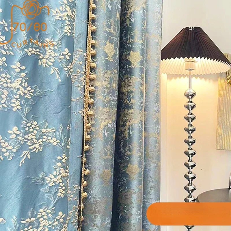 Relief Blue Jacquard Splicing Thickened Blackout Curtains for Living Room Bedroom French Window Customized Finished Products